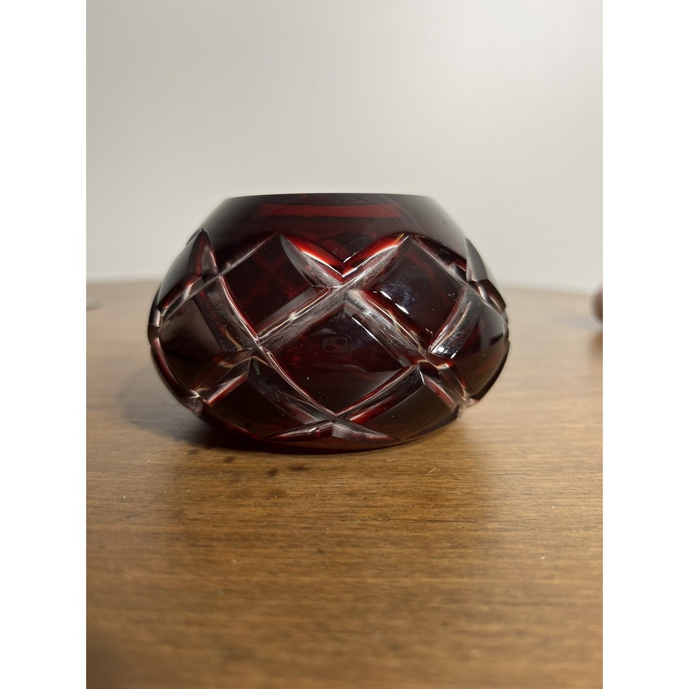 AJKA RUBY RED/ BURGANDY CASED LEAD CRYSTAL VOTIVE‎ / CANDLE HOLDER / CAVIAR BOWL